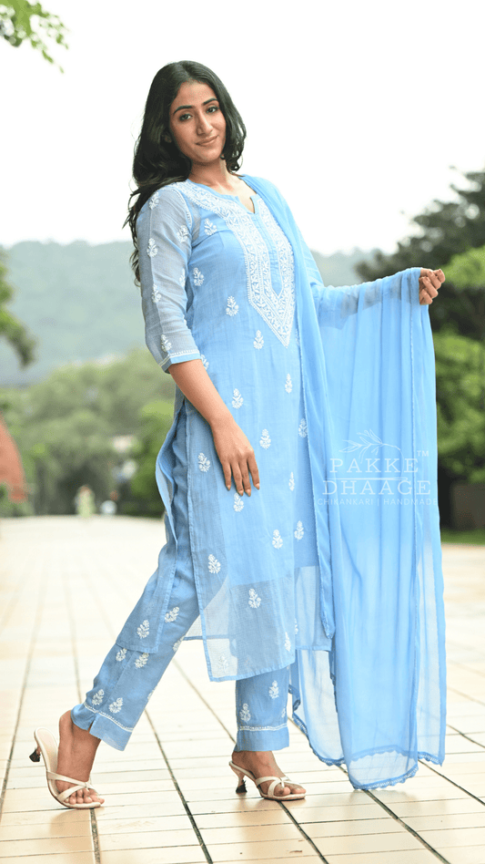 Kyra Pure Kota Doria Chikankari Kurta and Kurta Sets Powder Blue