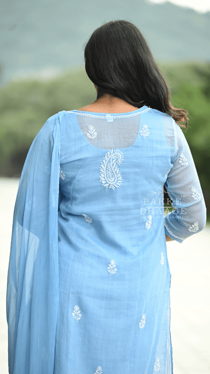 Kyra Pure Kota Doria Chikankari Kurta and Kurta Sets Powder Blue