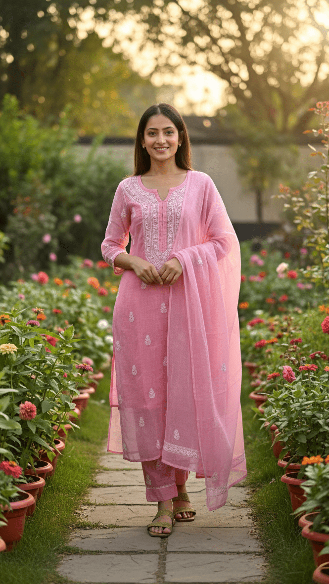 Kyra Pure Kota Doria Chikankari Kurta and Kurta Sets Rose Pink