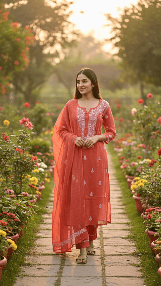 Kyra Pure Kota Doria Chikankari Kurta and Kurta Sets Rust Orange