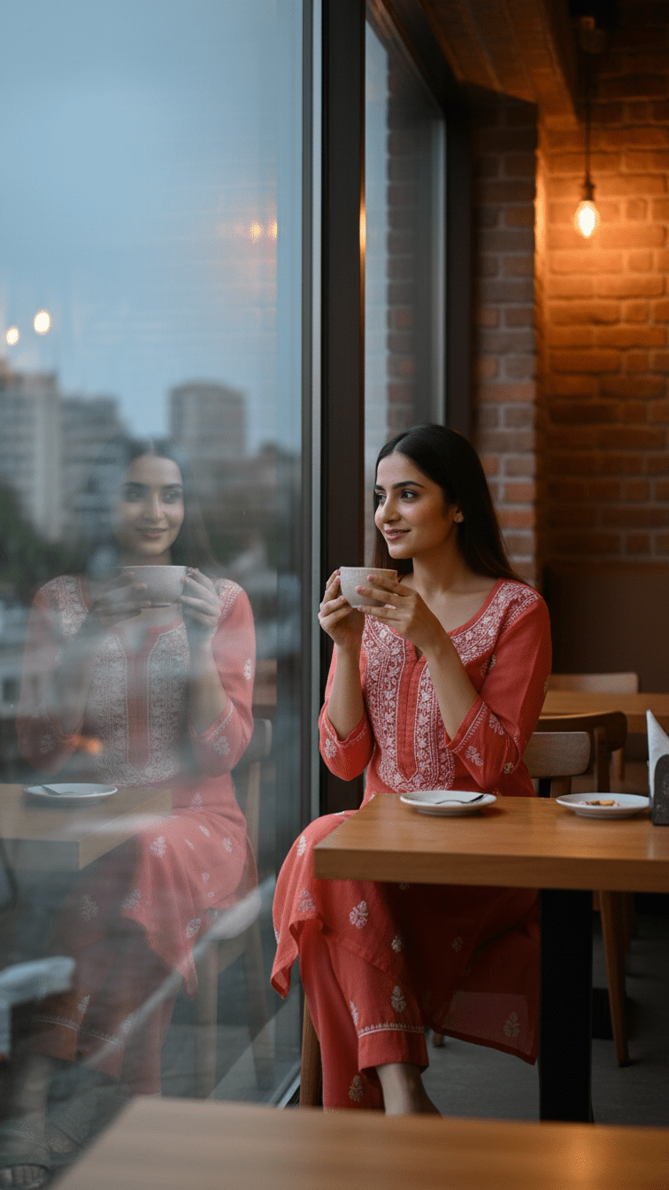 Woman in a pink chikankari kurti sitting at a cafe table by a large window, holding a cup.