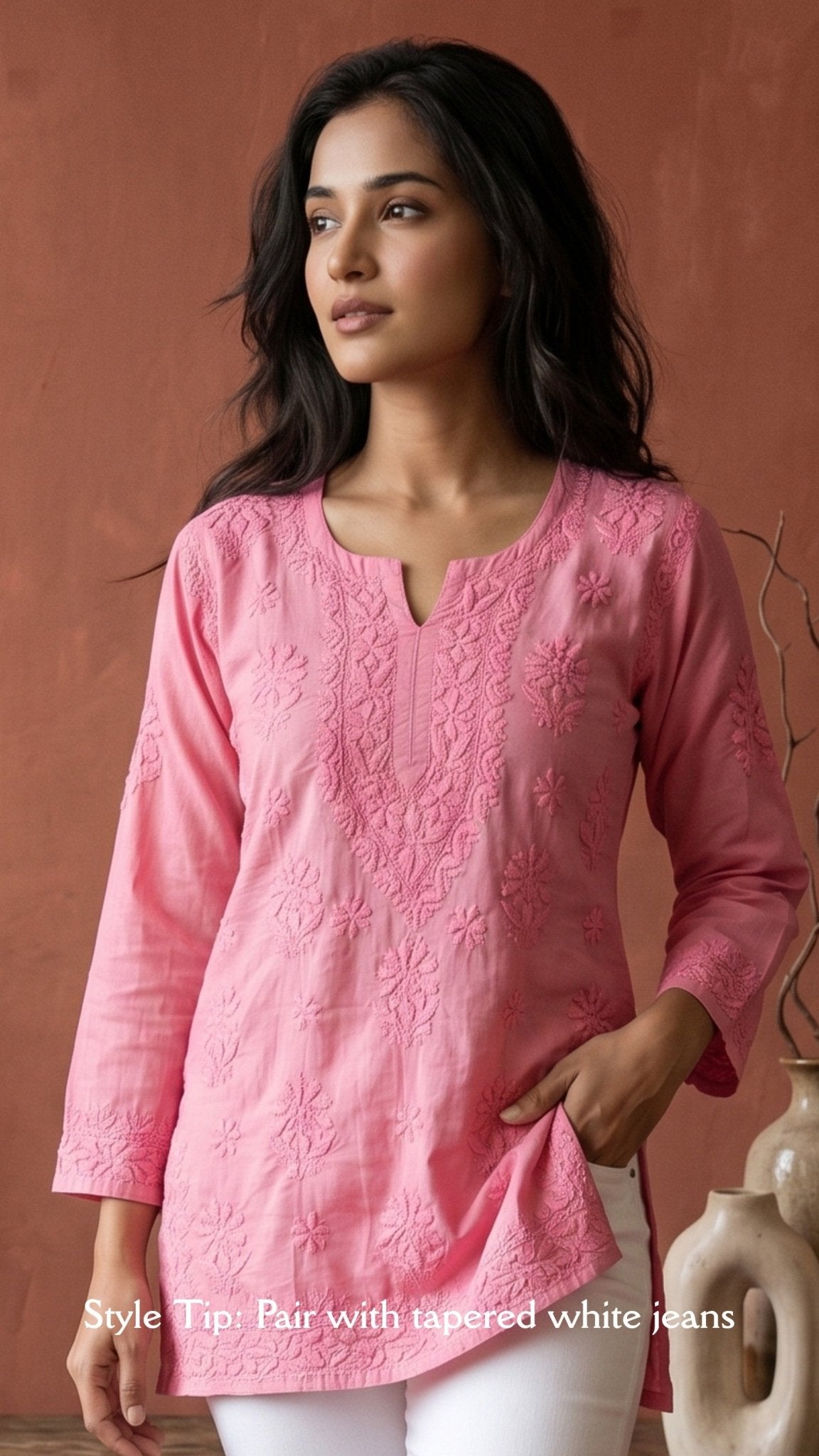 Maahi Pure Mulmul Chikankari Kurtis Powdered Apricot