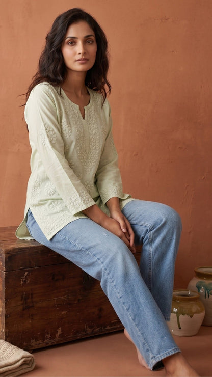 Maahi Pure Mulmul Chikankari Kurtis Pista Green
