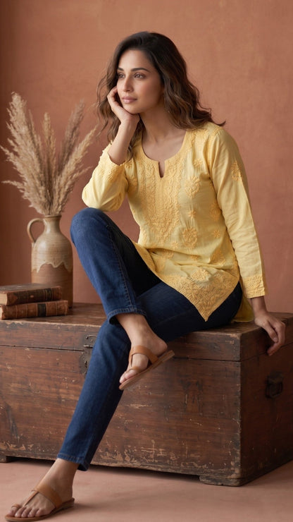 Maahi Pure Mulmul Chikankari Kurtis Amaltas Yellow