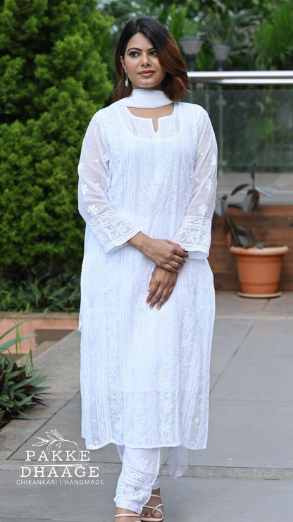 Muskan Pure Kota Doria Chikankari Kurta & Kurta Sets - Classic White