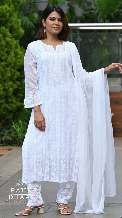 Muskan Pure Kota Doria Chikankari Kurta & Kurta Sets - Classic White
