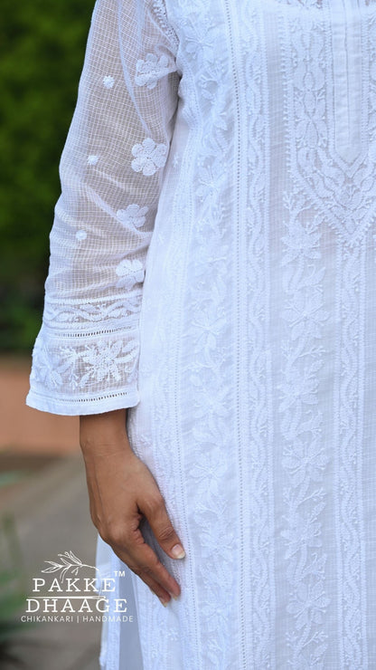 Muskan Pure Kota Doria Chikankari Kurta & Kurta Sets - Classic White