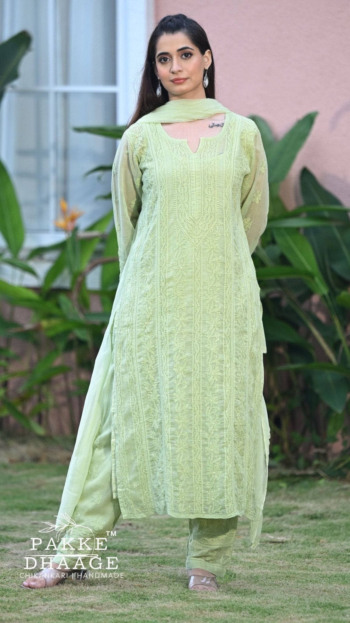 Muskan Pure Kota Doria Chikankari Kurta & Kurta Sets - Pista Green