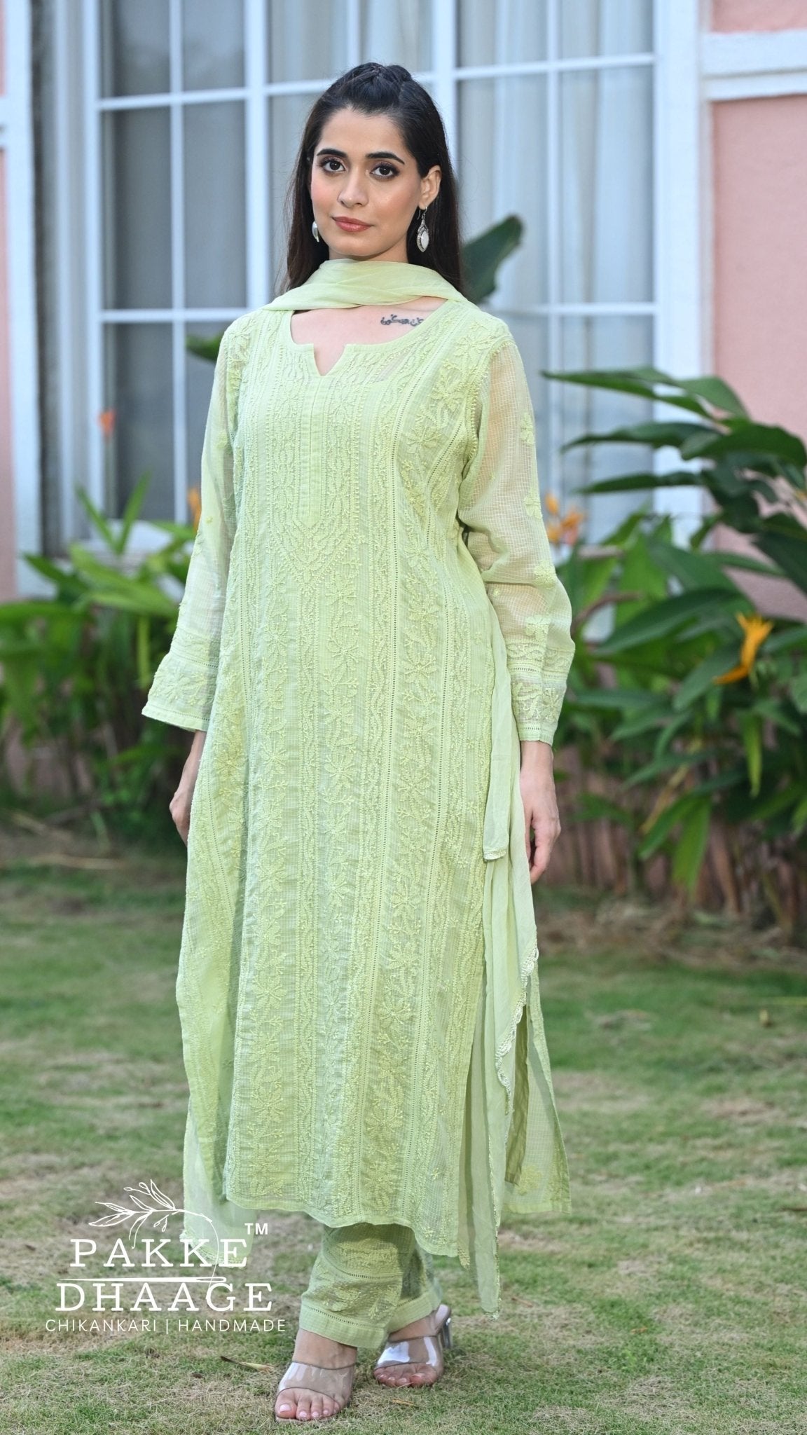 Muskan Pure Kota Doria Chikankari Kurta & Kurta Sets - Pista Green