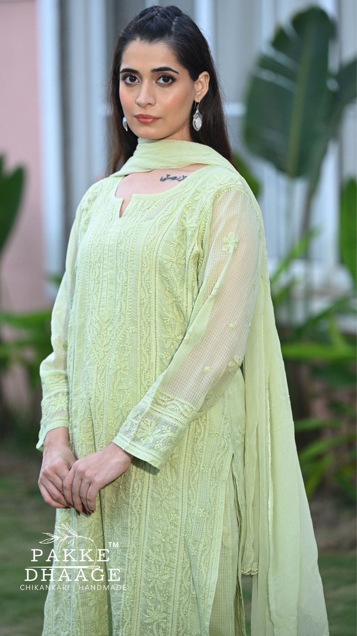 Muskan Pure Kota Doria Chikankari Kurta & Kurta Sets - Pista Green
