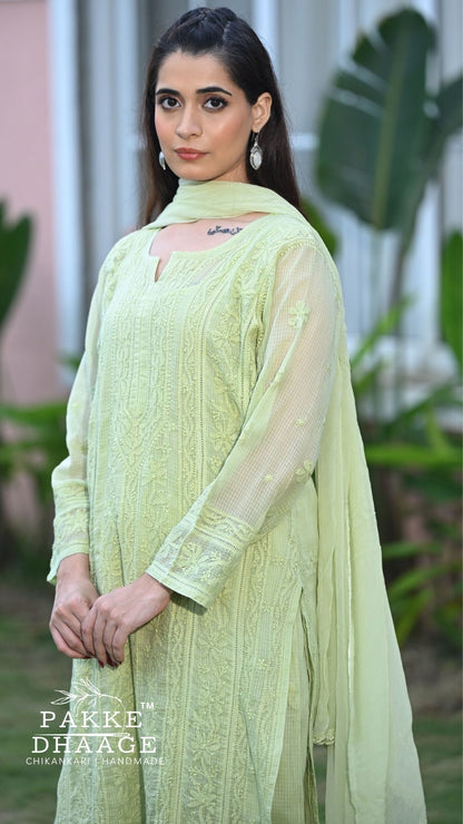 Muskan Pure Kota Doria Chikankari Kurta & Kurta Sets - Pista Green
