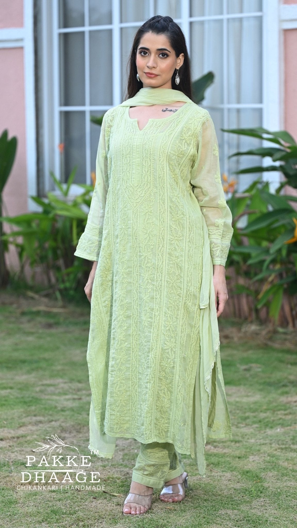 Muskan Pure Kota Doria Chikankari Kurta & Kurta Sets - Pista Green