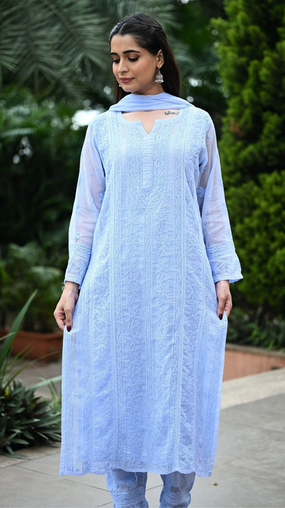 Muskan Pure Kota Doria Chikankari Kurta & Kurta Sets - Powder Blue