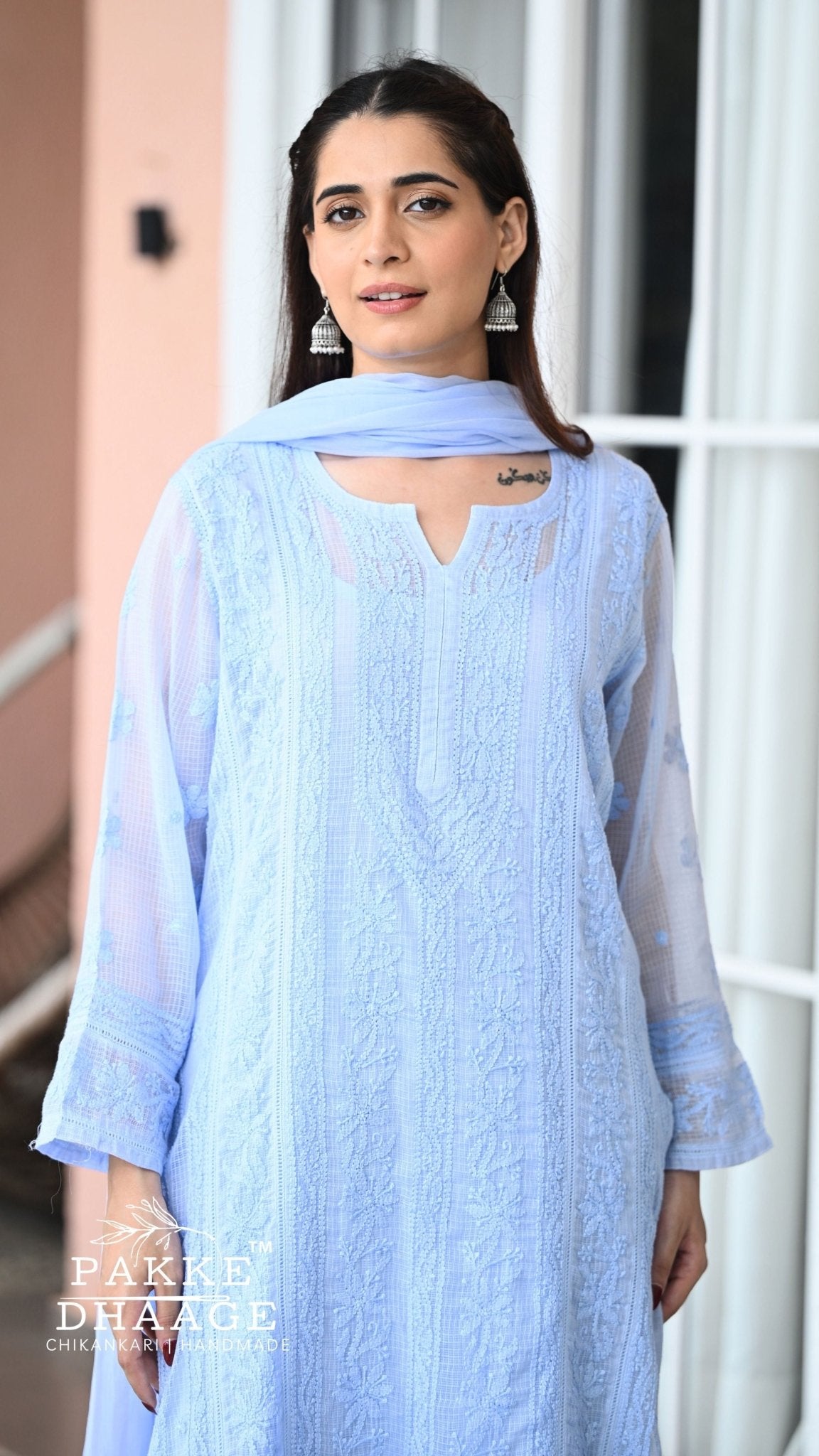 Muskan Pure Kota Doria Chikankari Kurta & Kurta Sets - Powder Blue