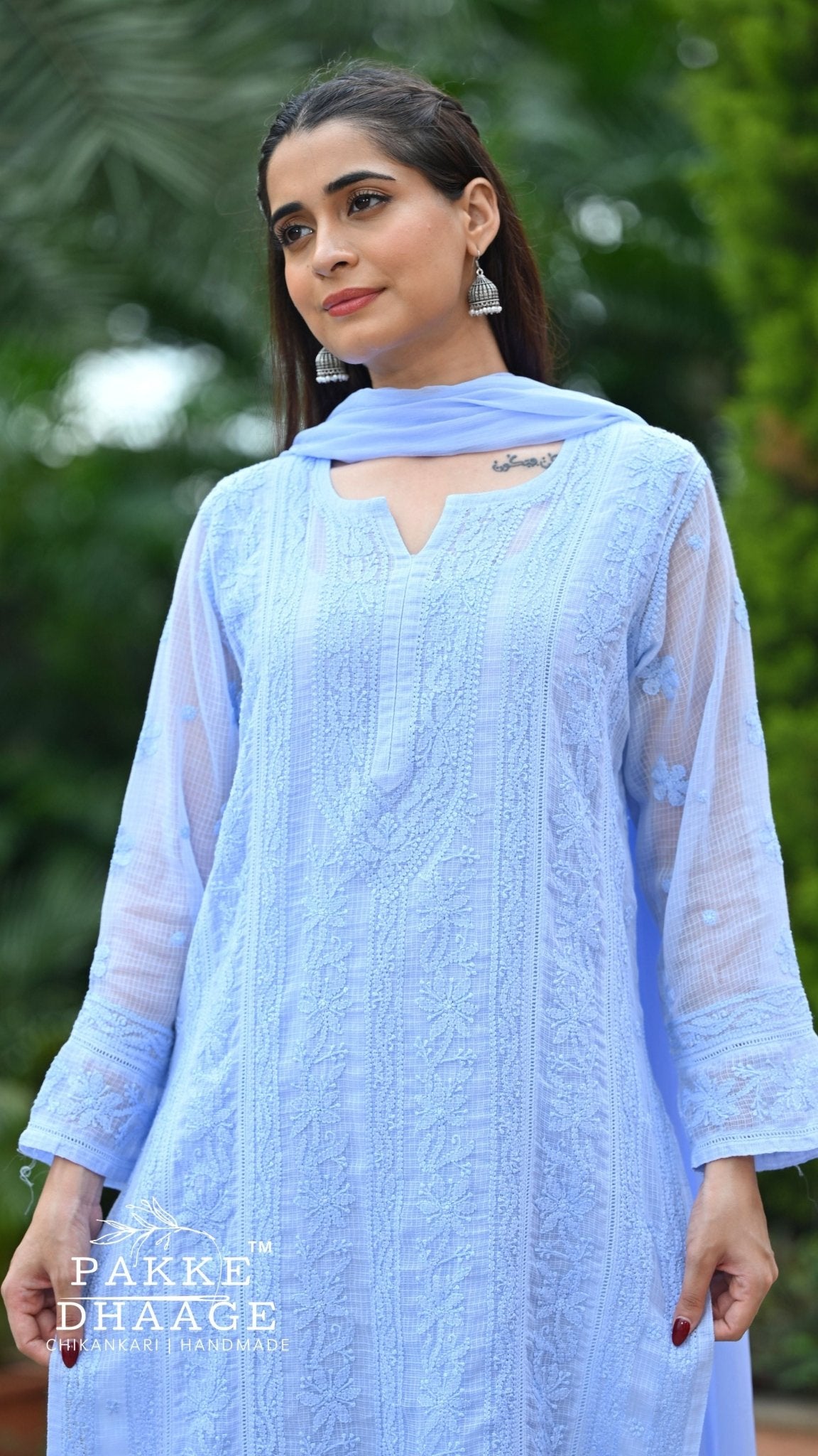 Muskan Pure Kota Doria Chikankari Kurta & Kurta Sets - Powder Blue