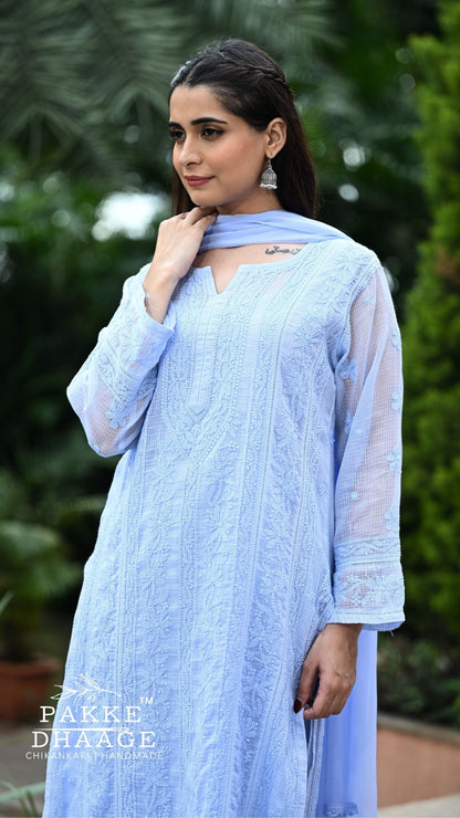 Muskan Pure Kota Doria Chikankari Kurta & Kurta Sets - Powder Blue