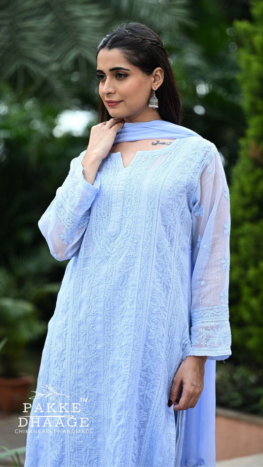 Muskan Pure Kota Doria Chikankari Kurta & Kurta Sets - Powder Blue