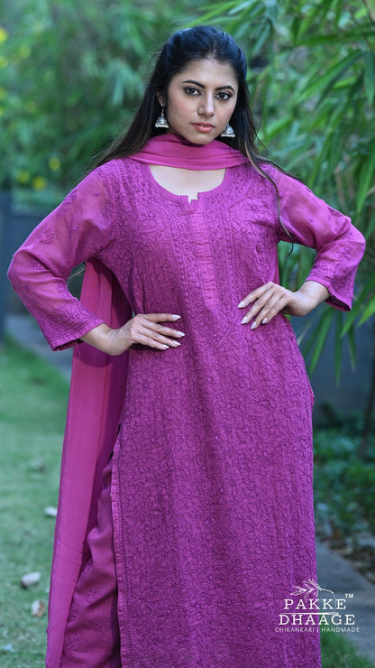 Nazia Pure Kota Doria Chikankari Kurta and Kurta Sets - Dragonfruit