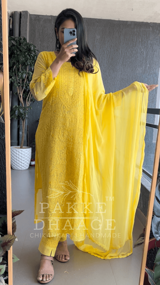 Nazia Pure Kota Doria Chikankari Kurta and Kurta Sets - Sunshine Yellow