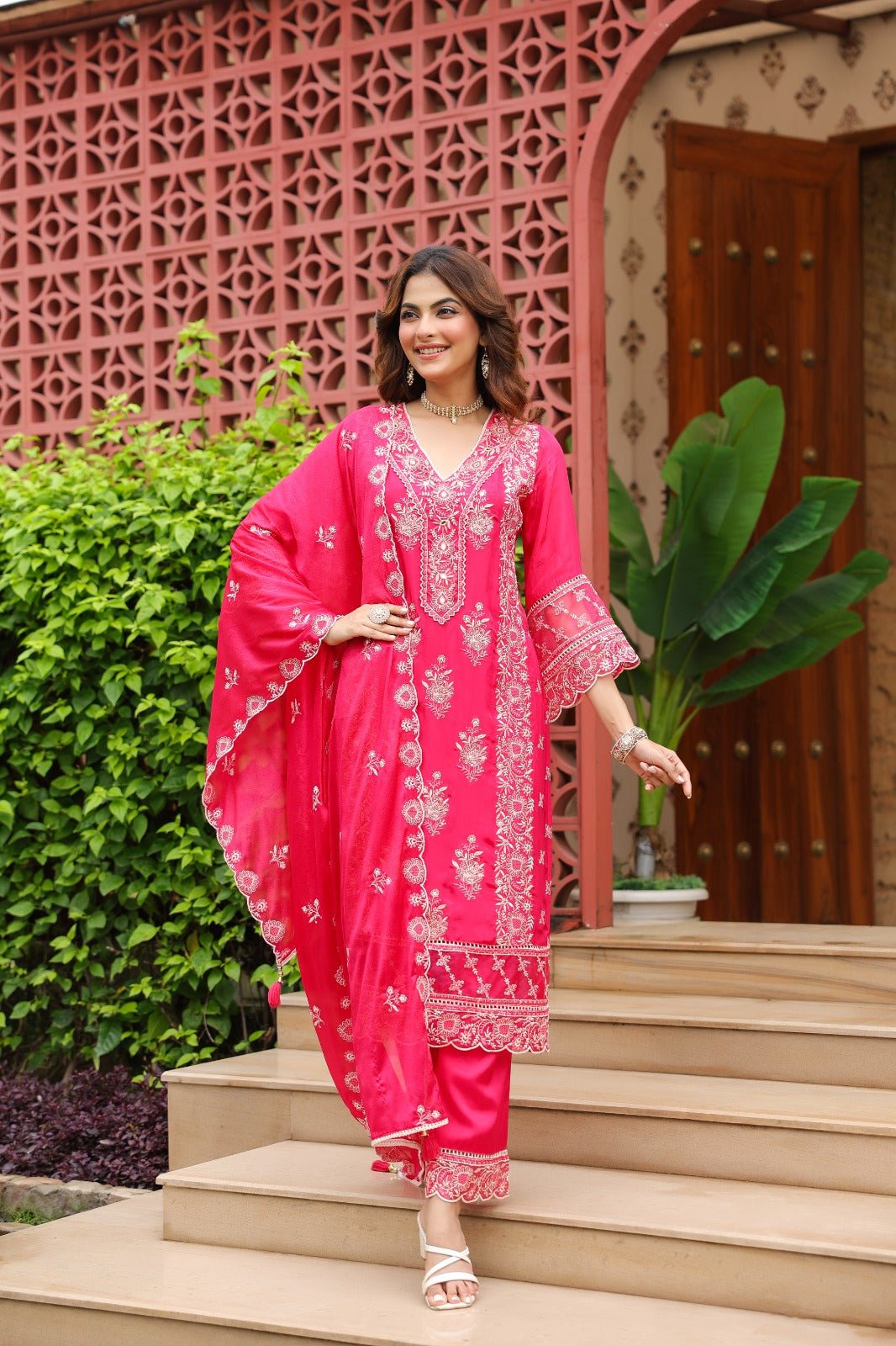 Needle Art Muslin Organza 3 Pc Kurti Sets Burnt Orange