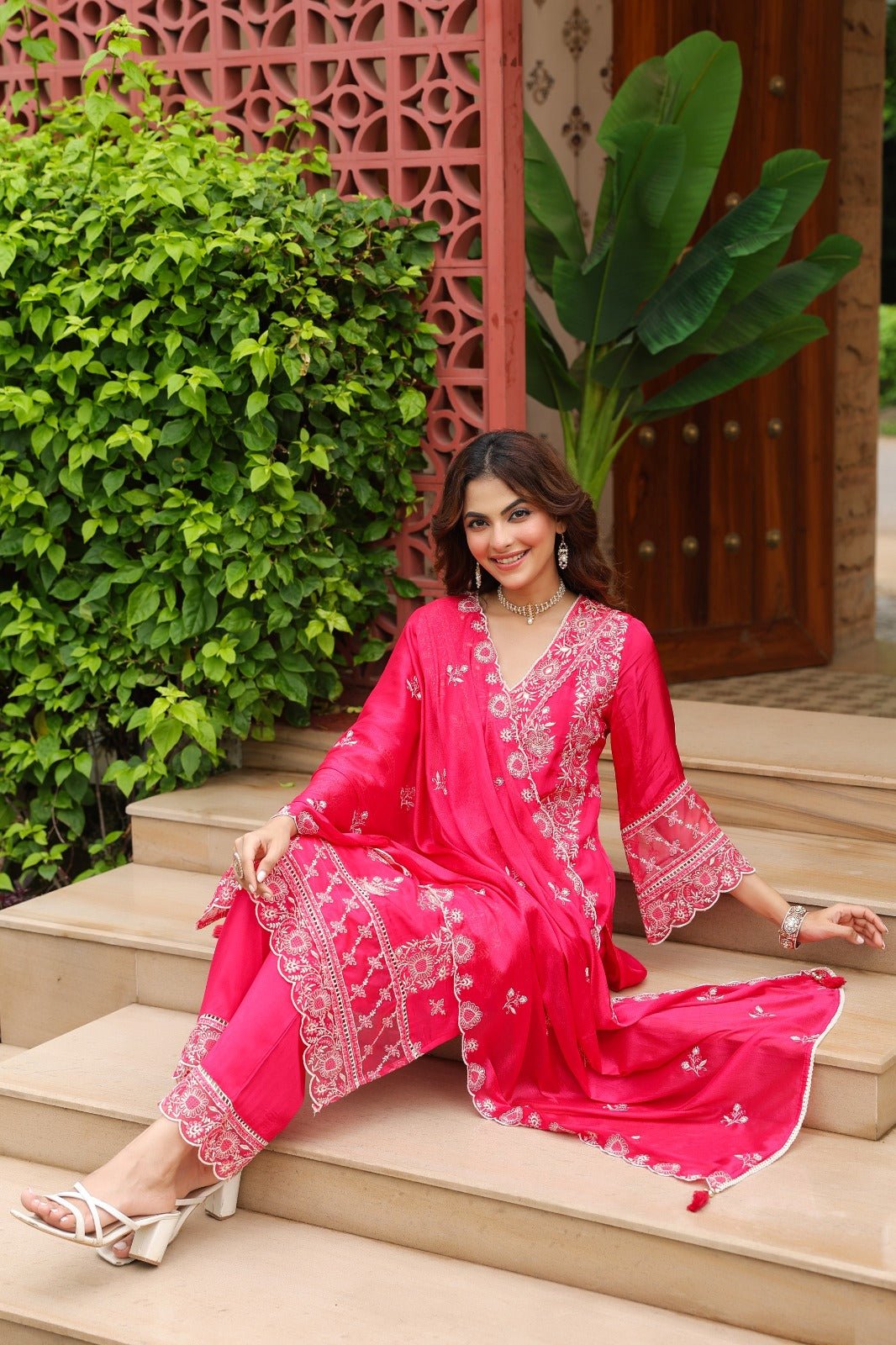 Needle Art Muslin Organza 3 Pc Kurti Sets Burnt Orange