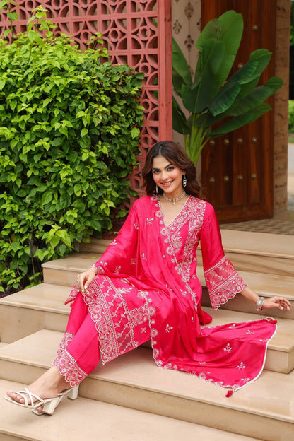Needle Art Muslin Organza 3 Pc Kurti Sets Burnt Orange