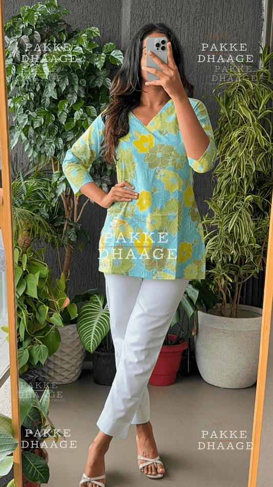 Print Poetry Pure Cotton Short Kurtis - Floral Bloom