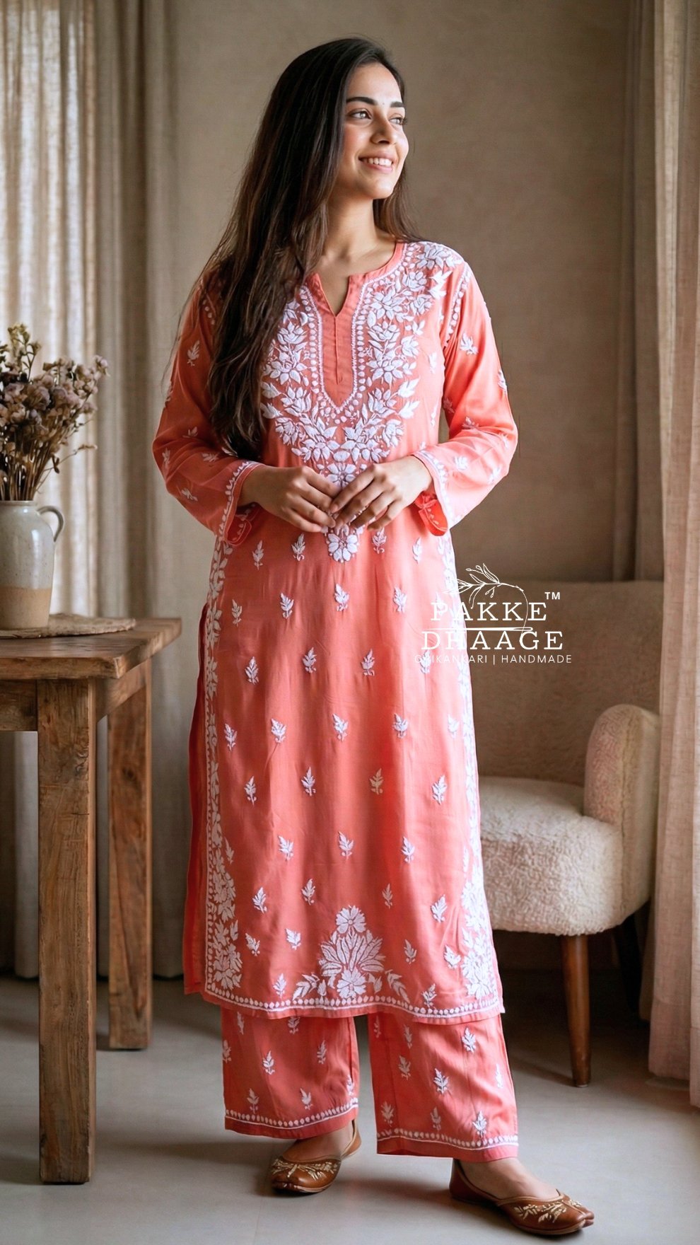 Rida Modal Chikankari Kurta Palazzo 2PC Set Peach