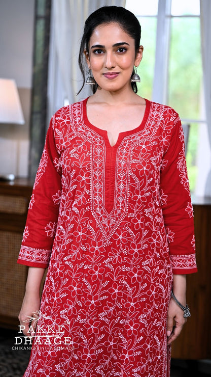 Roohi Pure Mulmul Cotton Kurta - Red Rouge