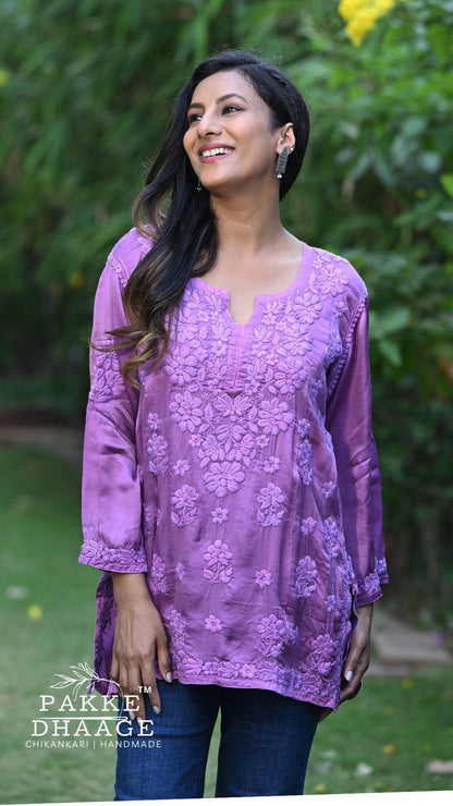Saira Pure Modal Satin Short Kurtis Orchid purple