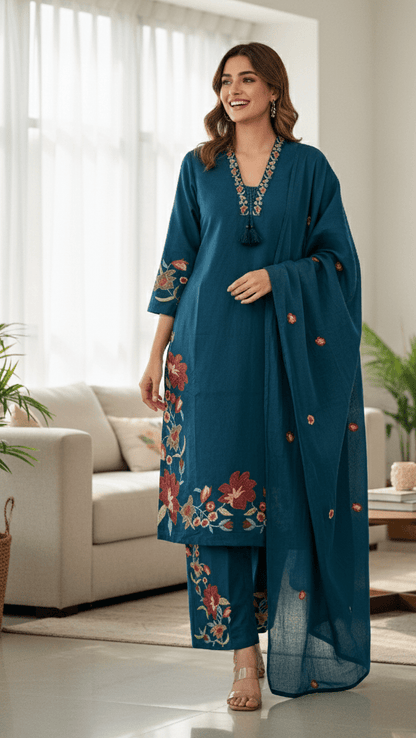 Serene Blossom Pure Cotton 3pc Suit Set - Teal Blue