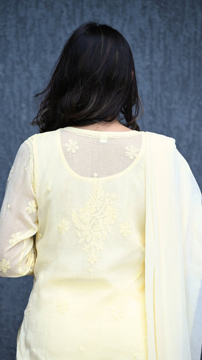 Muskan Pure Kota Doria Chikankari Kurta & Kurta Sets - Buttercup Yellow