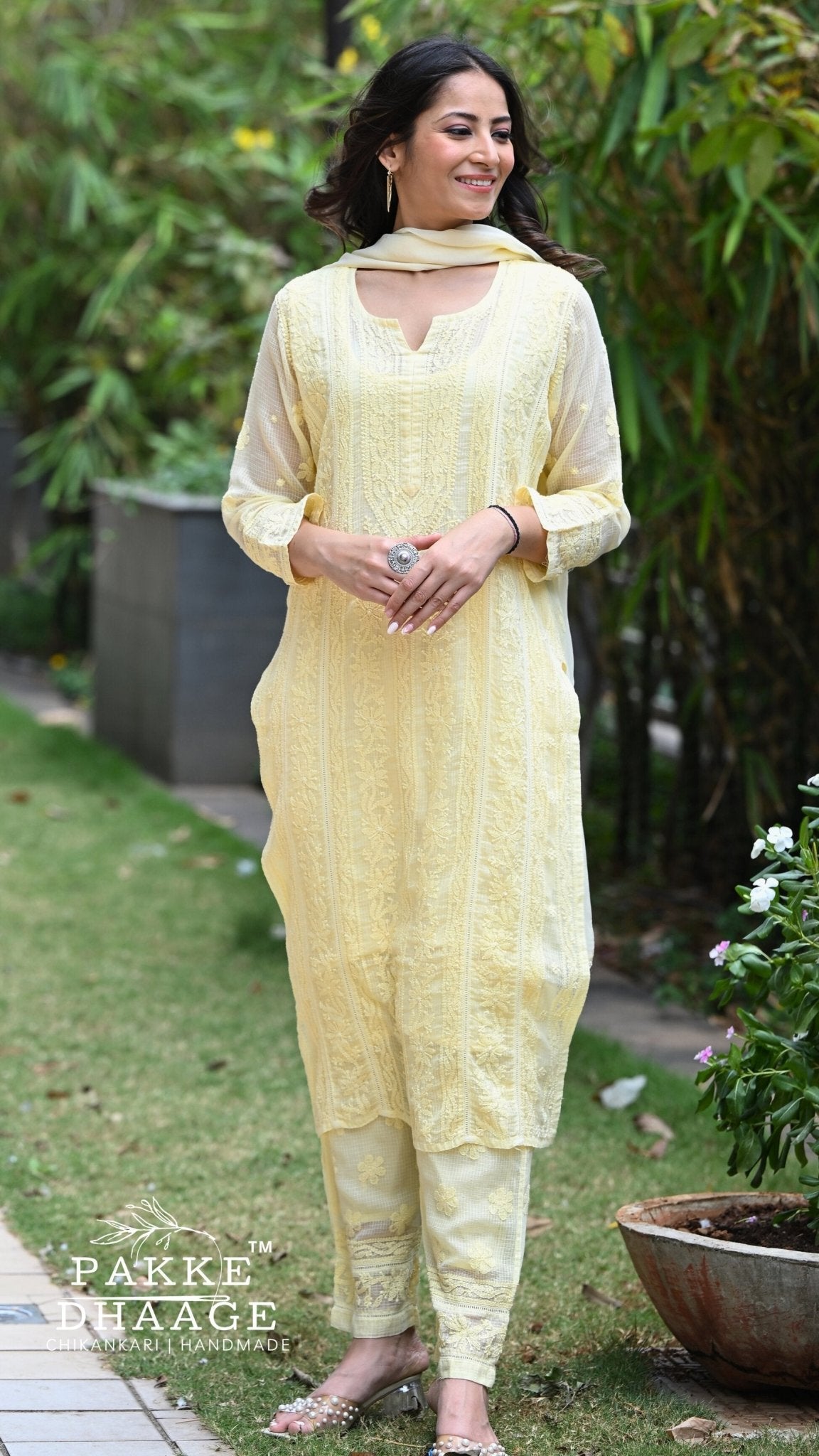 Muskan Pure Kota Doria Chikankari Kurta & Kurta Sets - Buttercup Yellow