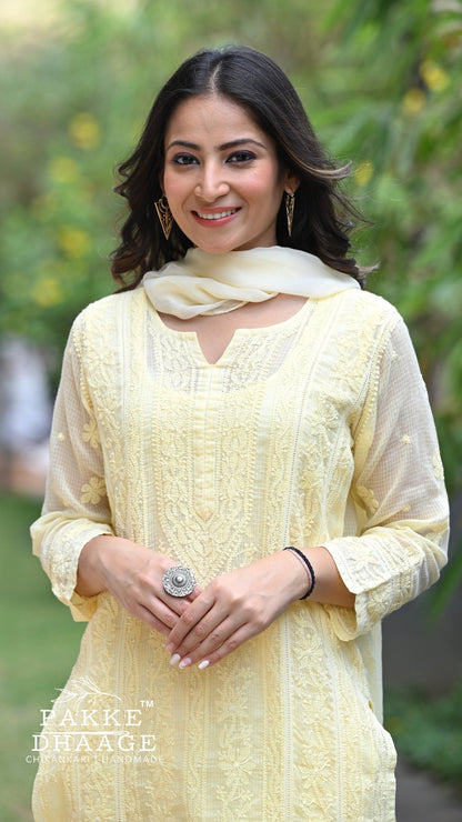 Muskan Pure Kota Doria Chikankari Kurta & Kurta Sets - Buttercup Yellow