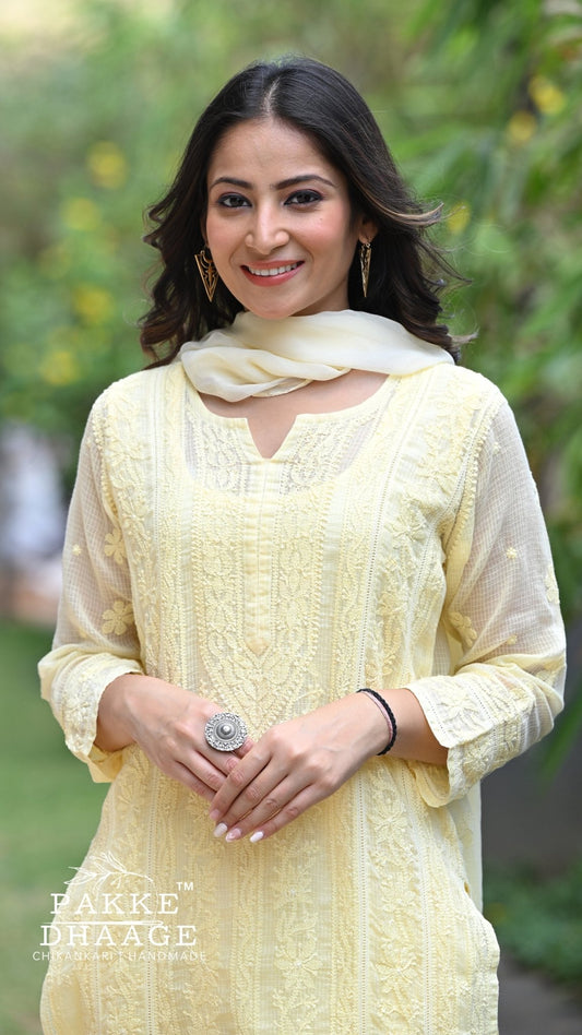 Muskan Pure Kota Doria Chikankari Kurta & Kurta Sets - Buttercup Yellow