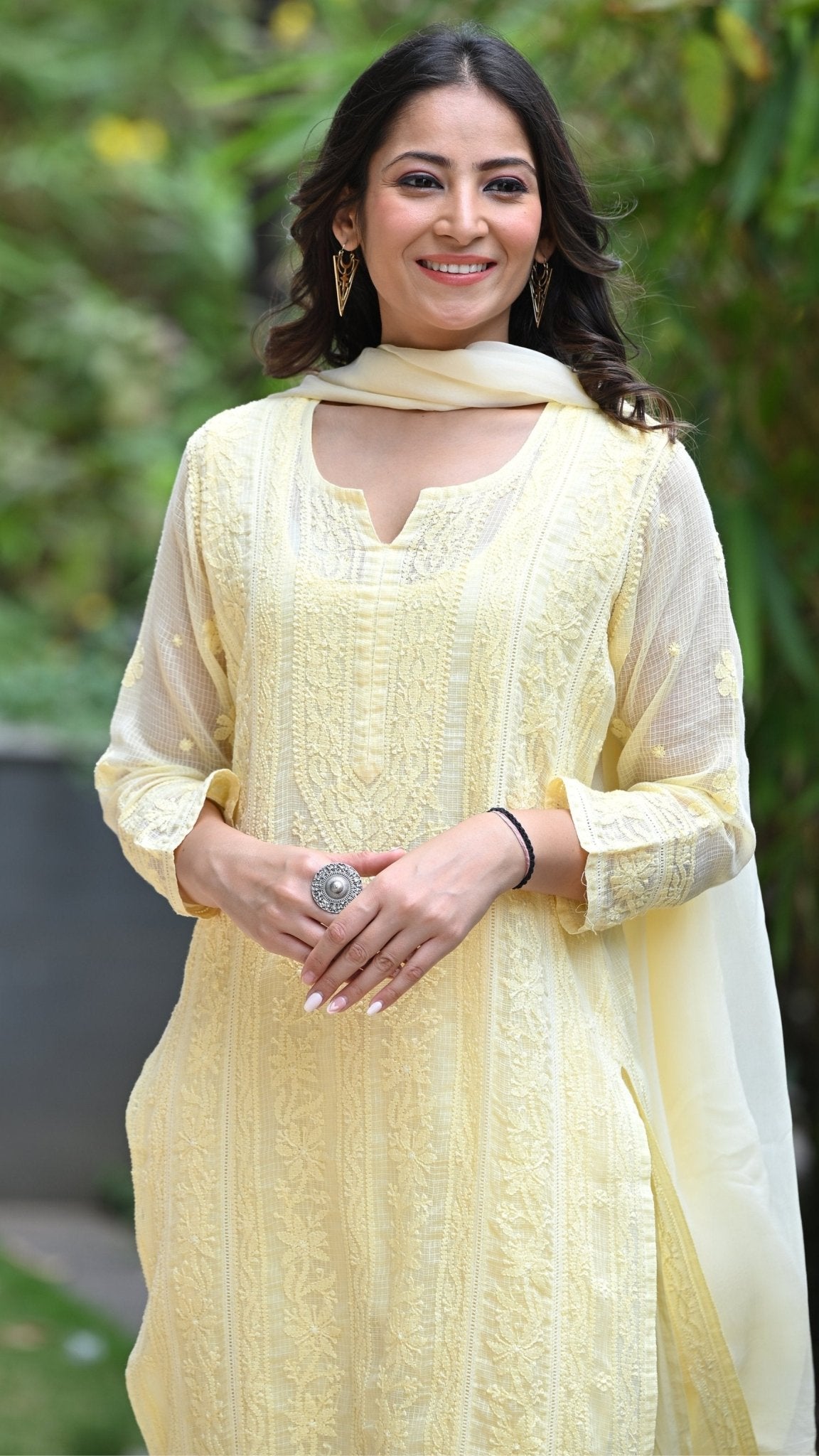 Muskan Pure Kota Doria Chikankari Kurta & Kurta Sets - Buttercup Yellow