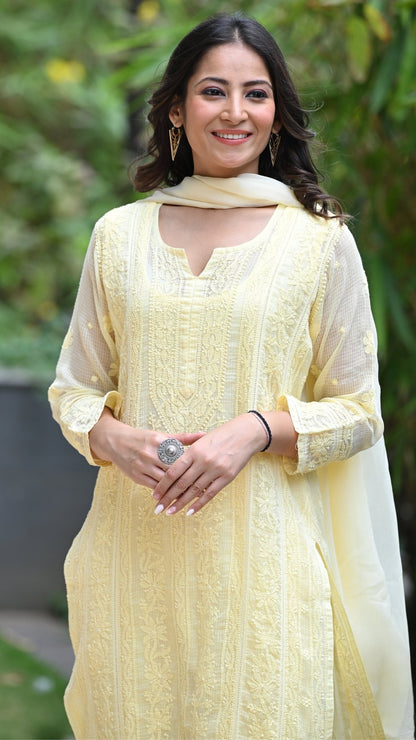Muskan Pure Kota Doria Chikankari Kurta & Kurta Sets - Buttercup Yellow