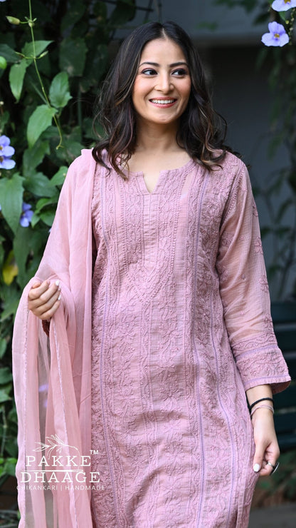 Muskan Pure Kota Doria Chikankari Kurta & Kurta Sets - Dusty Mauve
