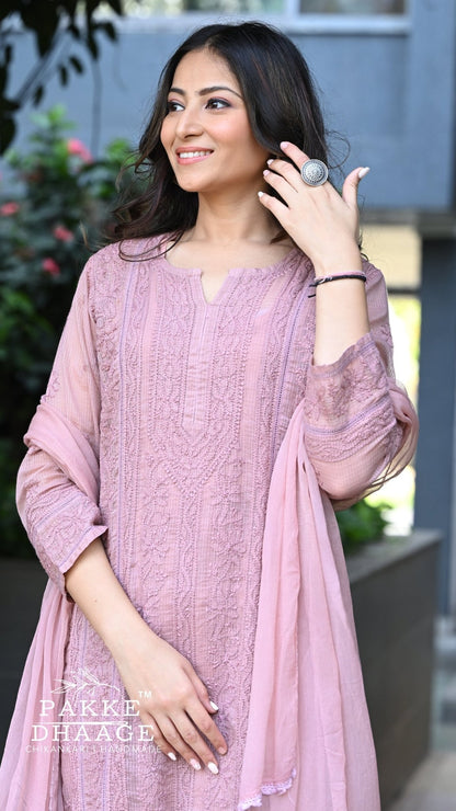 Muskan Pure Kota Doria Chikankari Kurta & Kurta Sets - Dusty Mauve