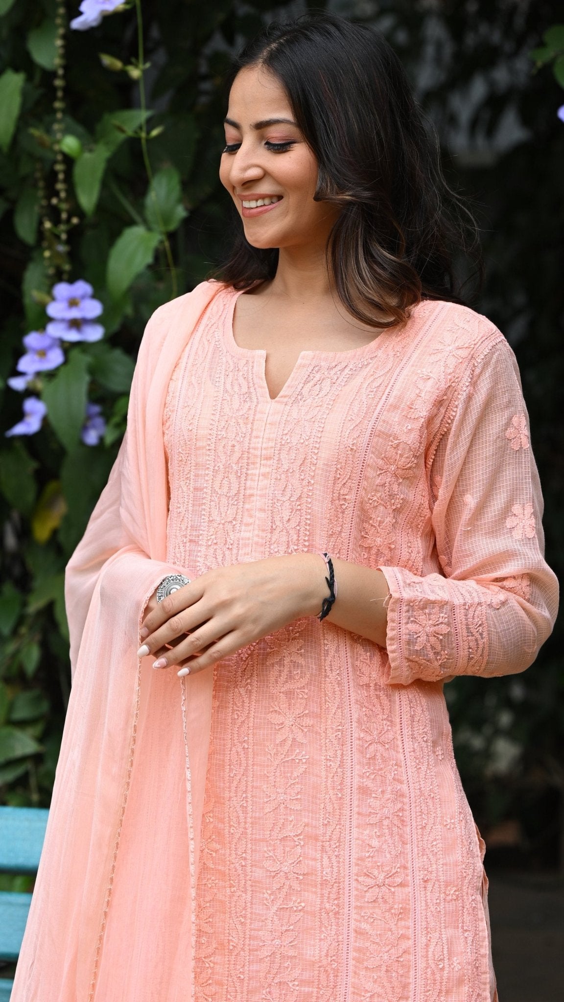 Muskan Pure Kota Doria Chikankari Kurta & Kurta Sets - Peach Blossom