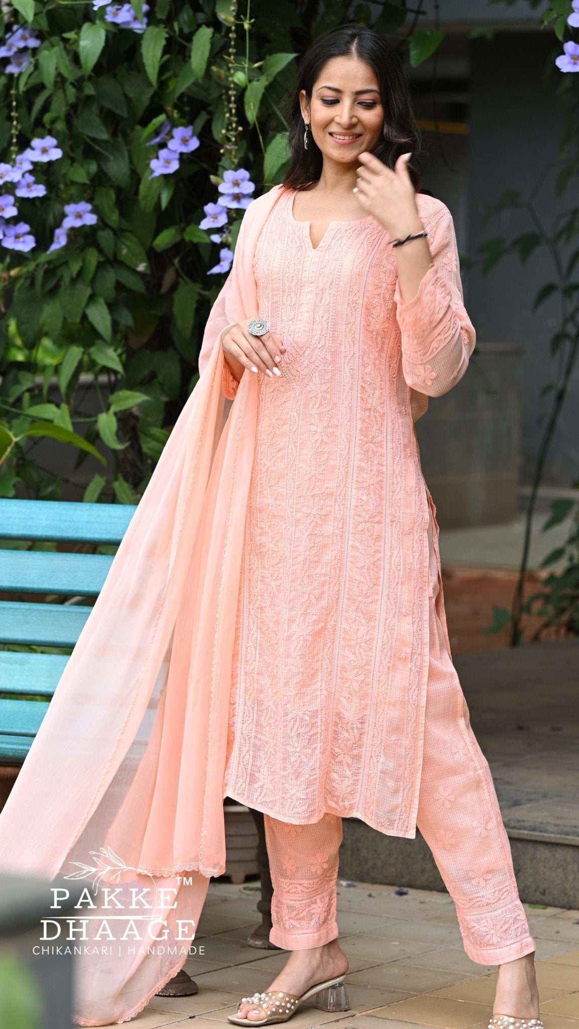 Muskan Pure Kota Doria Chikankari Kurta & Kurta Sets - Peach Blossom