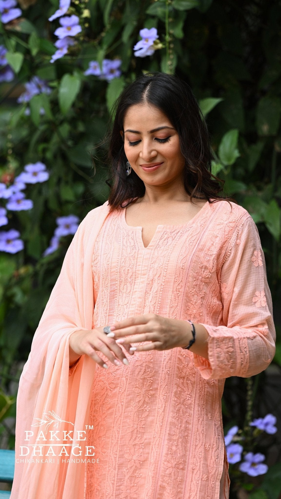 Muskan Pure Kota Doria Chikankari Kurta & Kurta Sets - Peach Blossom