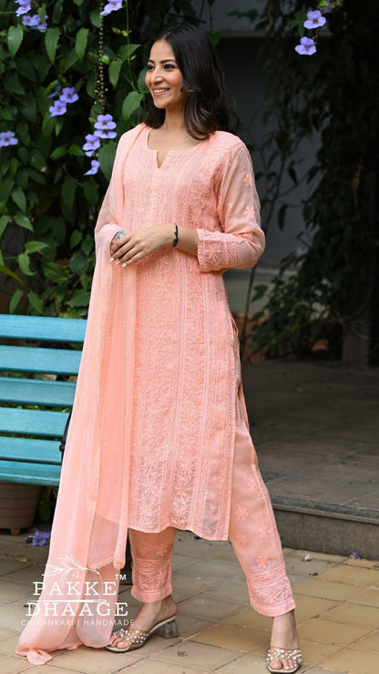 Muskan Pure Kota Doria Chikankari Kurta & Kurta Sets - Peach Blossom