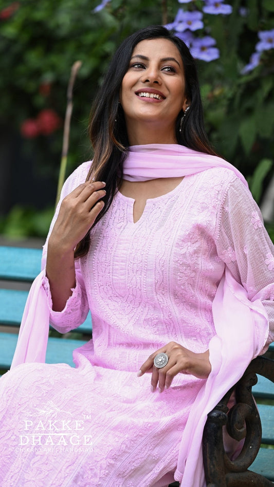 Muskan Pure Kota Doria Chikankari Kurta & Kurta Sets - Pink