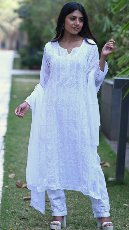 Muskan Pure Kota Doria Chikankari Kurta & Kurta Sets - Pristine White