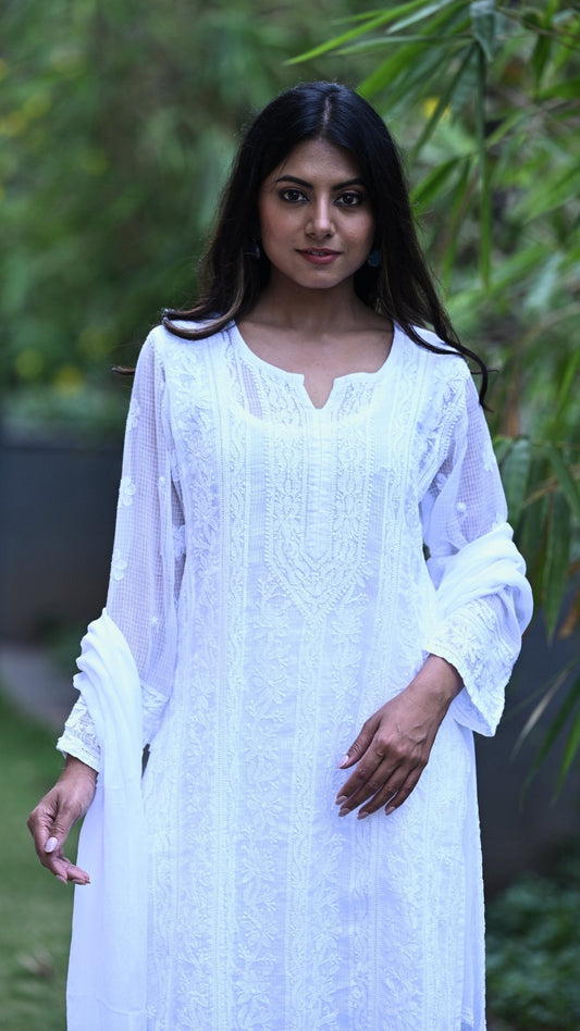 Muskan Pure Kota Doria Chikankari Kurta & Kurta Sets - Pristine White