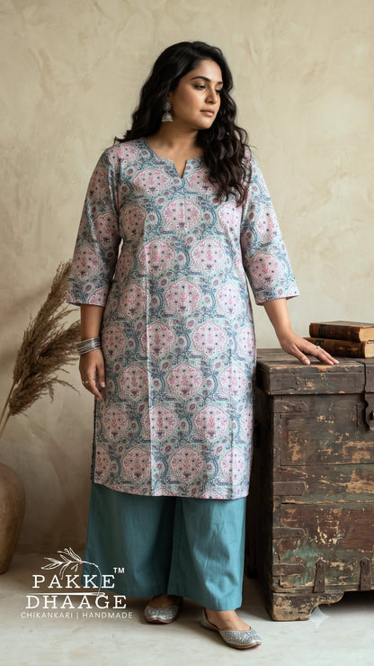 Teal & Rose Floral Medallion Print Cotton Straight Kurta (Plus Size)