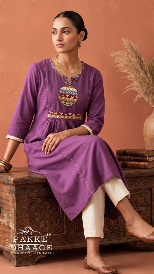 Tribal Medallion Gathered Cotton Kurta Royal Plum