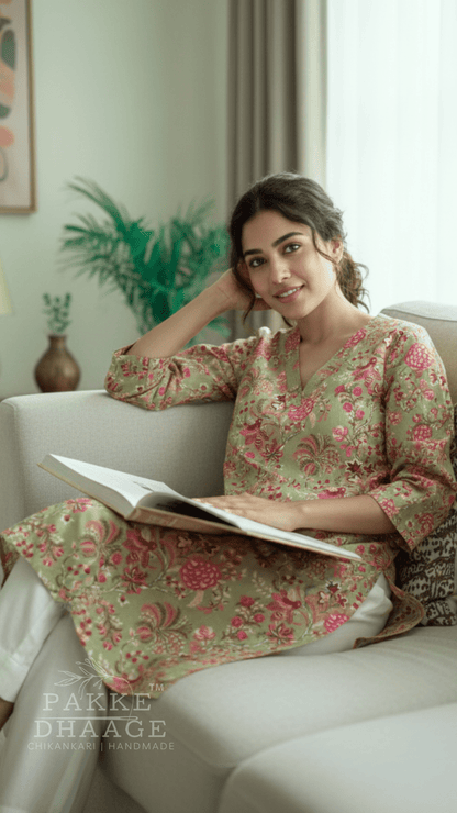Trisha Pure Cotton Jaipuri Printed Kurti Dessert Green