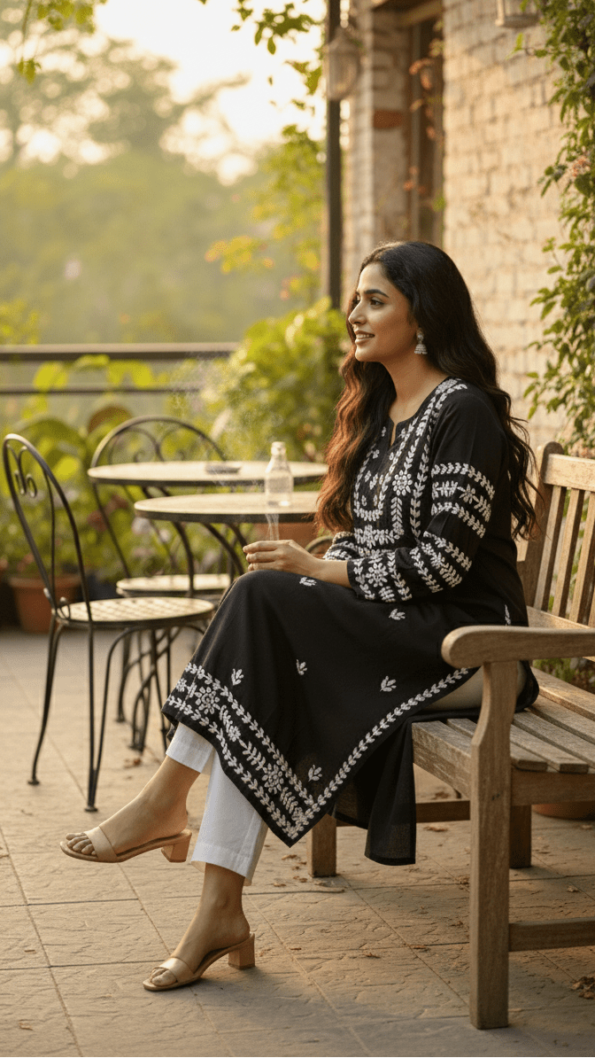 Woman sitting on a wooden bench outdoors with greenery and tables in the background